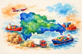 Ilustración acuarela del mapa de la República Dominicana con barcos cargueros, contenedores, un camión y un avión alrededor de la isla.