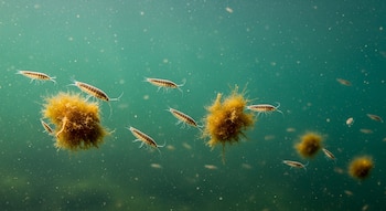 Múltiples isópodos marinos de cuerpo alargado y patas finas nadan cerca de cúmulos de sargazo marrón en agua azul verdosa con partículas suspendidas.