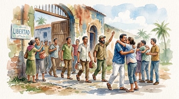 Ilustración en acuarela de hombres que salen por un portón con un letrero de Libertad y se abrazan con mujeres.
