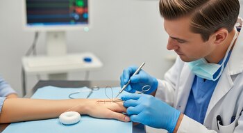 Un médico con guantes y mascarilla sutura la mano de un paciente con hilo, aguja y pinzas. Se observa instrumental quirúrgico y un monitor.