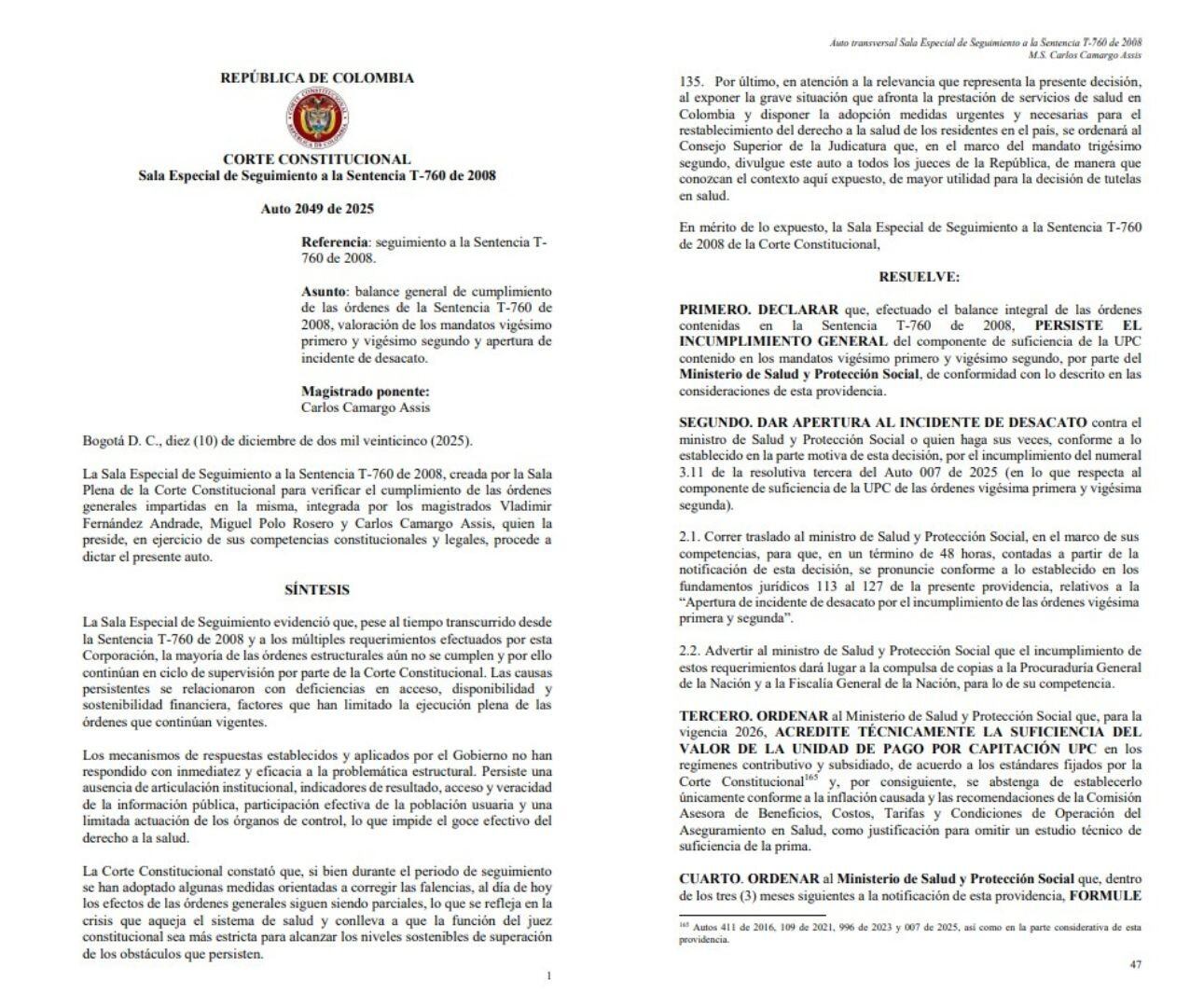 La Sala ordenó al ministro de Salud pronunciarse en un plazo de 48 horas tras la notificación del Auto 2049 de 2025 - crédito Corte Constitucional