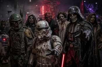Grupo de personas con trajes desgastados y maquillados como zombis que representan a personajes con cascos, túnicas y un sable rojo.