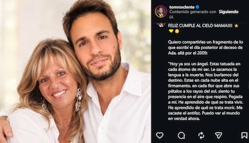 Una fotografía de Tomás Dente junto a su madre al lado de una captura de pantalla con un mensaje publicado en Instagram