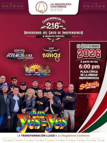 Cartel promocional rojo y verde con la fecha 15 de septiembre de 2026 y la foto de los integrantes del grupo musical Los Yes-Yes