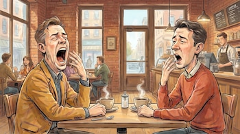 Dos hombres bostezando en una cafetería con tazas de café humeante. Se ven otros clientes, un barista y ventanas que dan a una calle urbana.