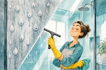 Ilustración de una persona con guantes amarillos usando un limpiacristales en una mampara de ducha con gotas de agua.