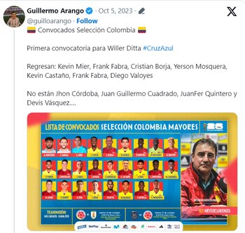 Críticas por convocatoria de la selección Colombia - crédito @guilloarango/X