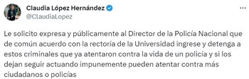 Claudia López se pronuncia respecto a los disturbios.
Twitter: @ClaudiaLopez
