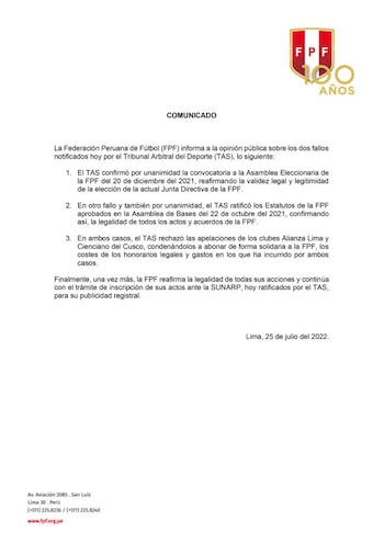 Comunicado de la FPF acerca