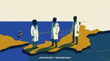 Ilustración de tres personas con bata médica y estetoscopio sobre un mapa estilizado junto al mar con el texto «Retención y desarraigo».