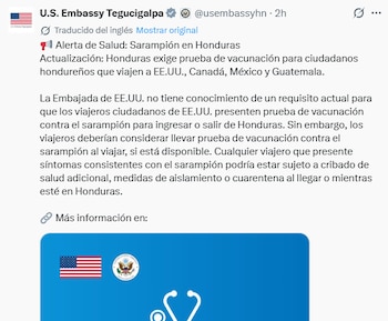 La Embajada de Estados Unidos en Tegucigalpa en el que recomienda mantener al día los esquemas de vacunación