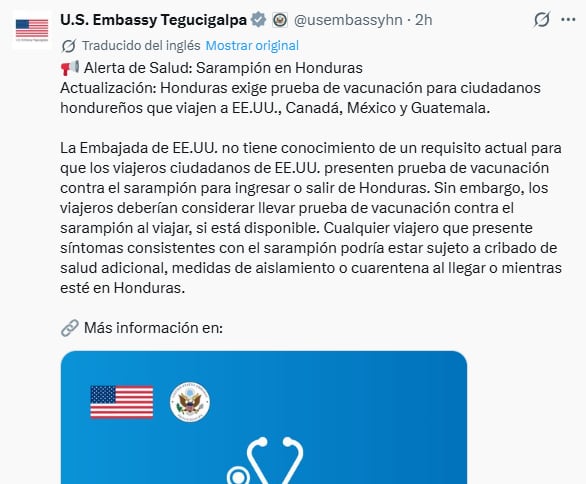 La Embajada de Estados Unidos en Tegucigalpa en el que recomienda mantener al día los esquemas de vacunación