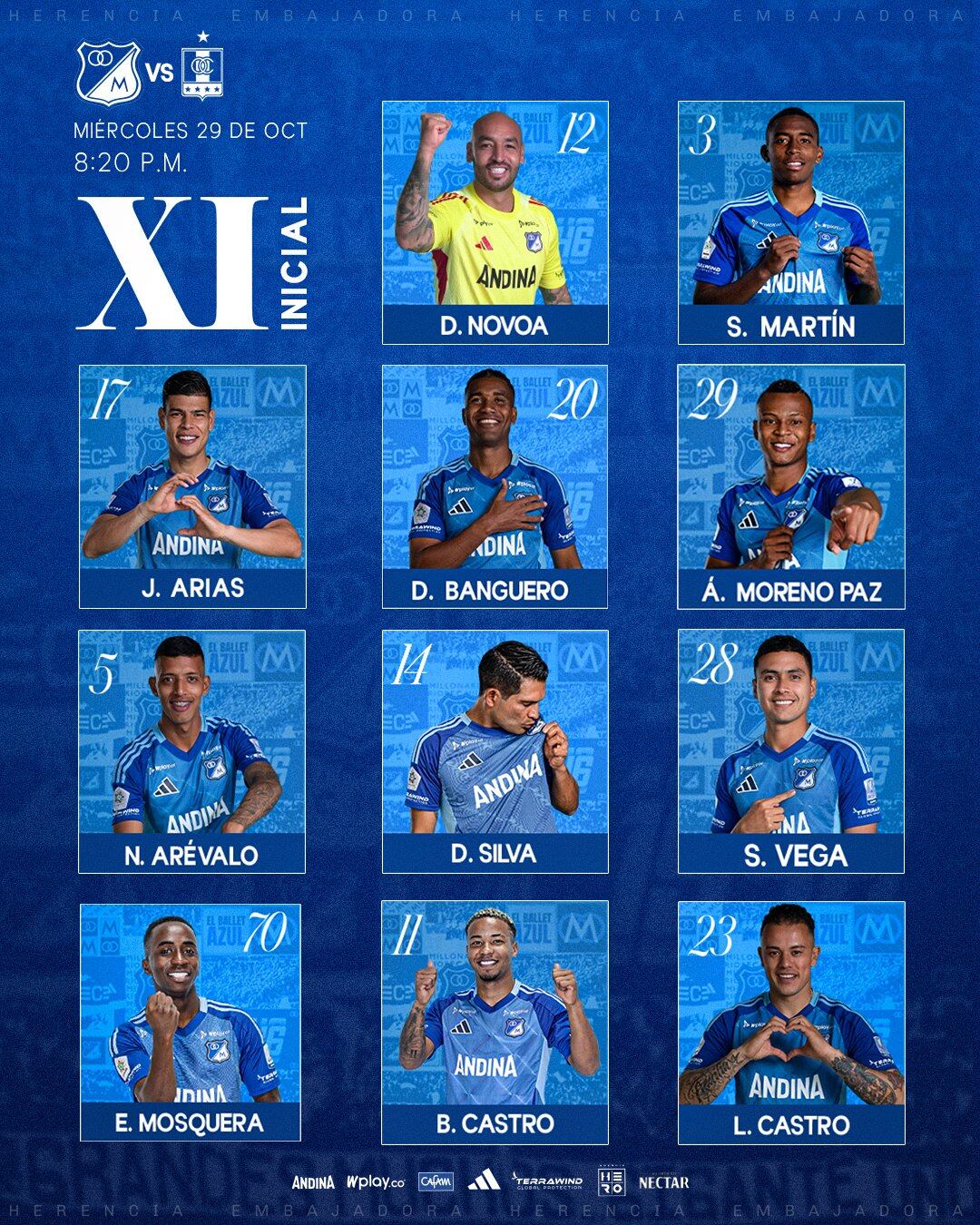 Esta es la alineación de Millonarios en El Campín, donde se verá con Once Caldas - crédito Millonarios FC