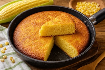 Un panqué de elote en una sartén negra con una porción cortada, una mazorca de maíz, granos sueltos y una cuchara de madera.