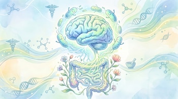 Ilustración de un cerebro, intestino, bacterias, flores, caduceos, estructuras moleculares y hélices de ADN sobre un fondo abstracto en tonos pastel.