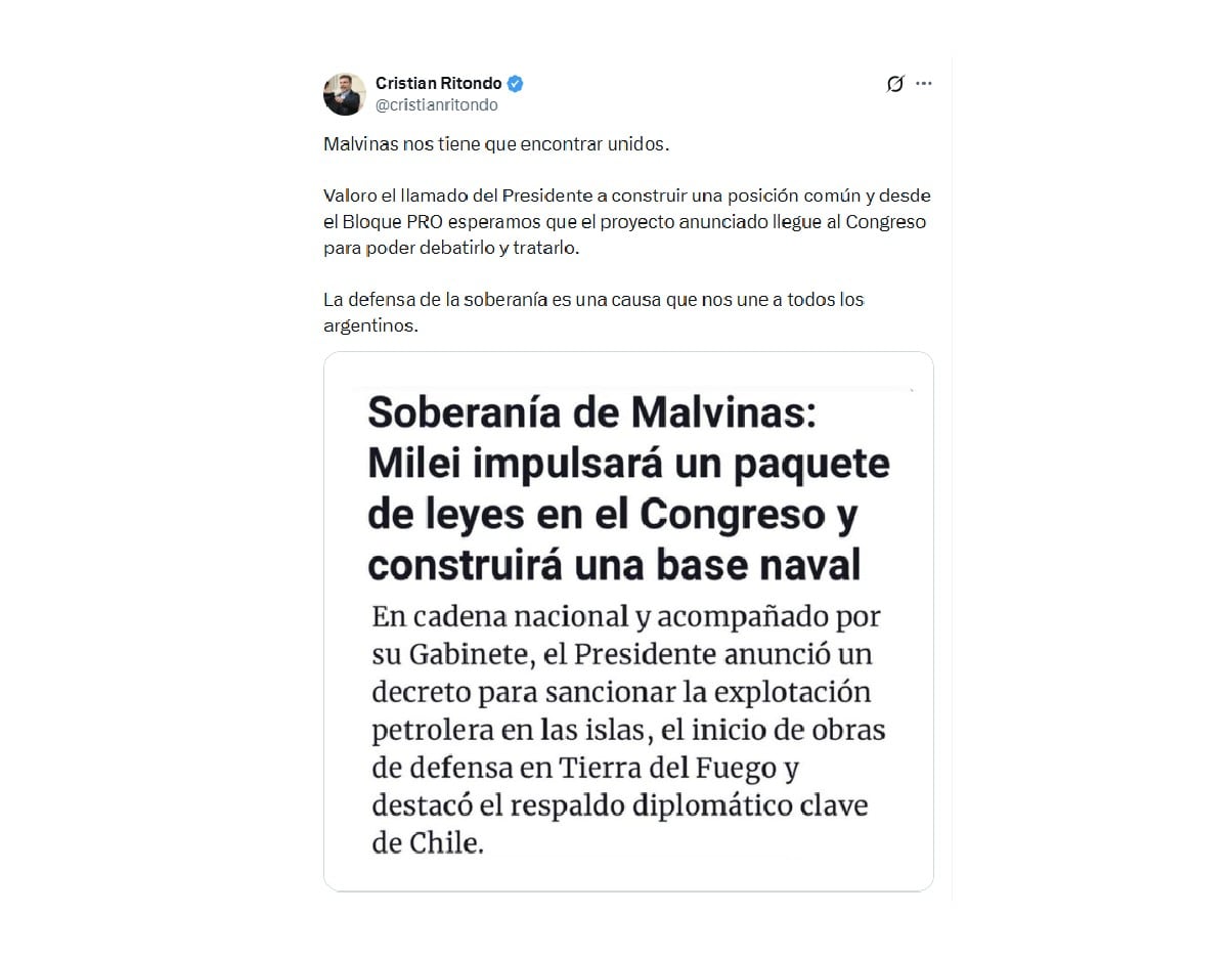 Cristian Ritondo valoró el anuncio del Presidente