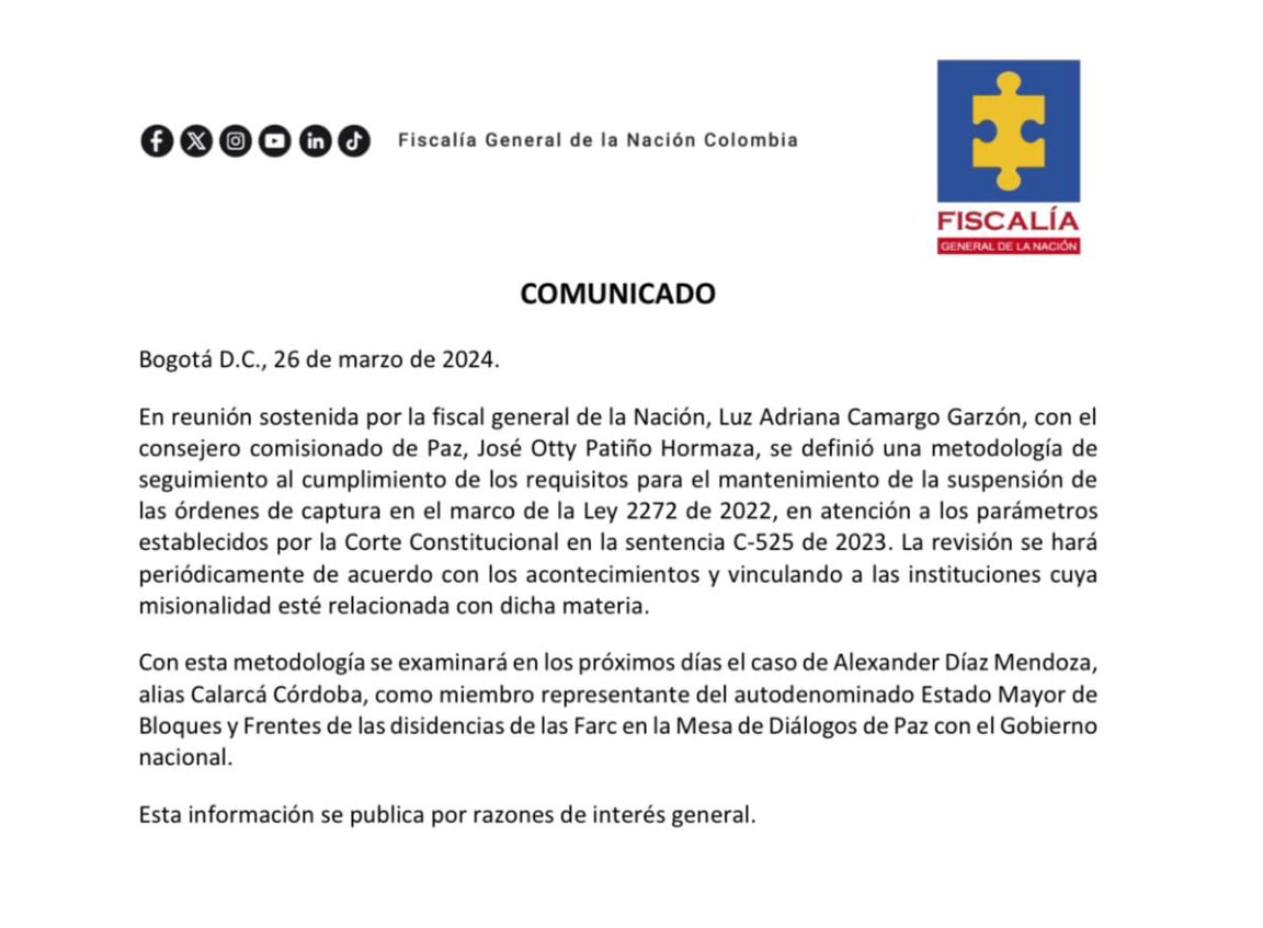 Este fue el pronunciamiento de la Fiscalía tras la reunión de la titular del órgano investigador con el comisionado para la Paz, Otty Patiño - crédito @FiscaliaCol/X