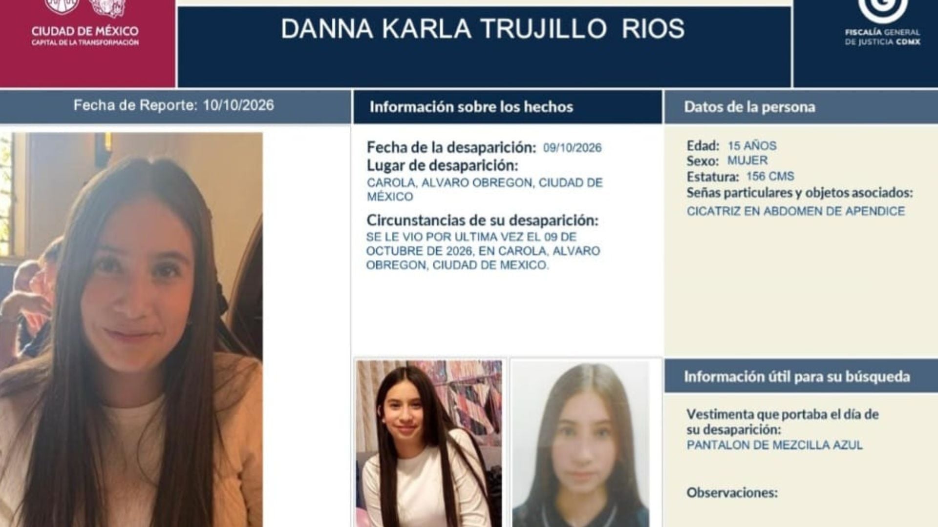 Ficha de desaparición de Danna Karen Trujillo Ríos. (FGJCDMX)
