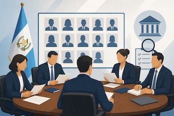 Cinco personas en traje reunidas ante una mesa circular con documentos, la bandera de Guatemala y un cuadro con siluetas de rostros.
