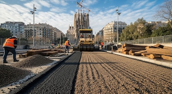 Una carretera siendo pavimentada con la Sagrada Familia de fondo