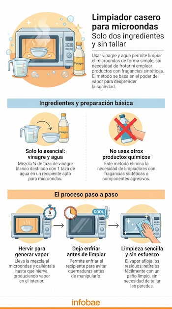 Infografía que ilustra cómo limpiar un microondas con vinagre y agua, mostrando los ingredientes, el proceso de ebullición y la limpieza final con un paño.