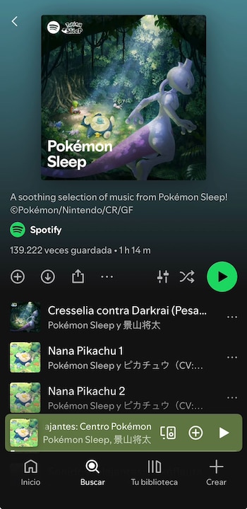 Captura de pantalla de la interfaz de Spotify que muestra la lista de reproducción de Pokémon Sleep y sus canciones