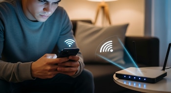 Un joven con suéter gris oscuro mira su teléfono, conectado a un router Wi-Fi blanco con luces azules que emite una señal inalámbrica visible en una mesa.