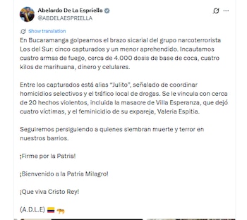 El presidente Abelardo de la Espriella habló sobre la captura de "Julito" - crédito @ABDELAESPRIELLA/x