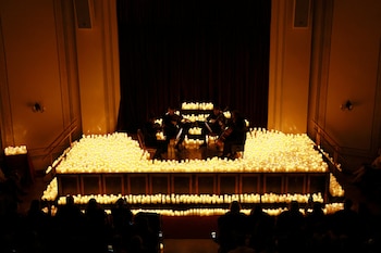 The "Aenaon" String Quartet, consisting of Vasilis Soukas, Christoforos Karathanasis, Antilohos Tranos and Asterios Pouftis, performs the soundtrack of the Netflix series Bridgerton during a candlelight concert, in Athens, Greece, January 3, 2025. REUTERS/Louiza Vradi