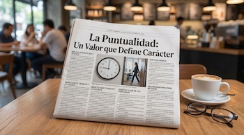 Periódico abierto sobre la puntualidad en una mesa de madera en una cafetería, acompañado de una taza de café con arte latte y gafas negras de lectura.