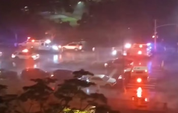 Vista aérea de noche con varios vehículos de emergencia en una calle mojada, con luces rojas y azules intermitentes y árboles en los costados