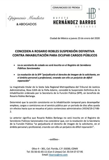 Comunicado de Rosario Robles (Foto: