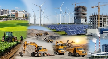 Tractor en campo verde, excavadoras y camiones en mina, turbinas eólicas, paneles solares, edificios en construcción, fábrica con chimeneas, centro comercial.
