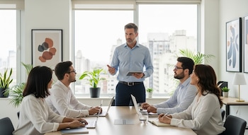 Un hombre de pie con una tablet habla a cuatro personas sentadas en una mesa de reuniones, en una oficina luminosa con grandes ventanales y plantas.
