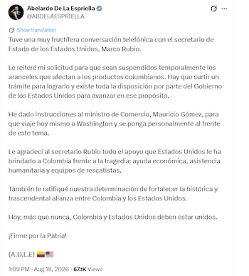 El Gobierno colombiano busca que la suspensión temporal de los aranceles contribuya a reducir las presiones económicas sobre los empresarios, mientras el país afronta las consecuencias de la emergencia y adelanta las labores de reconstrucción - crédito @ABDELAESPRIELLA/X