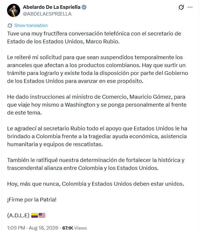 El Gobierno colombiano busca que la suspensión temporal de los aranceles contribuya a reducir las presiones económicas sobre los empresarios, mientras el país afronta las consecuencias de la emergencia y adelanta las labores de reconstrucción - crédito @ABDELAESPRIELLA/X