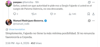 El exministro responde a críticas sobre su objetividad, recordando su vínculo familiar con Paloma Valencia - crédito @manuel_rodb/X