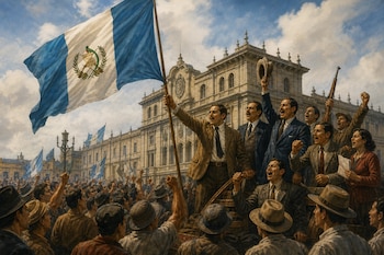 Un grupo de personas vestidas con ropa de época sostiene una gran bandera de Guatemala y alza las manos frente a un edificio histórico de piedra.