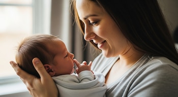 Una madre sonriente de cabello oscuro sostiene a su bebé recién nacido, envuelto en blanco, mientras se miran a los ojos. Hay luz natural de fondo.