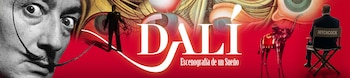 Primer plano del ojo y bigote de Dalí, figuras de elefante y hombre, silla de director con el nombre "Hitchcock", texto "Dalí: Escenografía de un Sueño" sobre fondo rojo