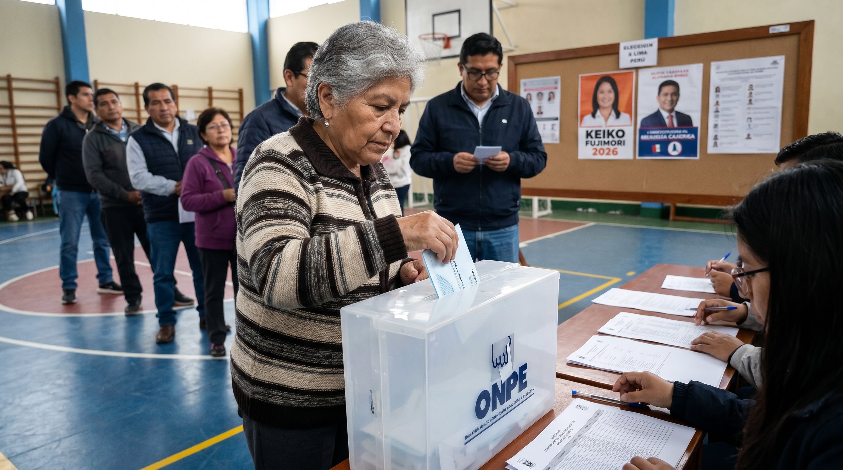 Una ciudadana peruana deposita su voto en el ánfora de la ONPE, mientras otros votantes esperan y miembros de mesa registran la participación en la segunda vuelta presidencial de 2026. (Imagen Ilustrativa Infobae)