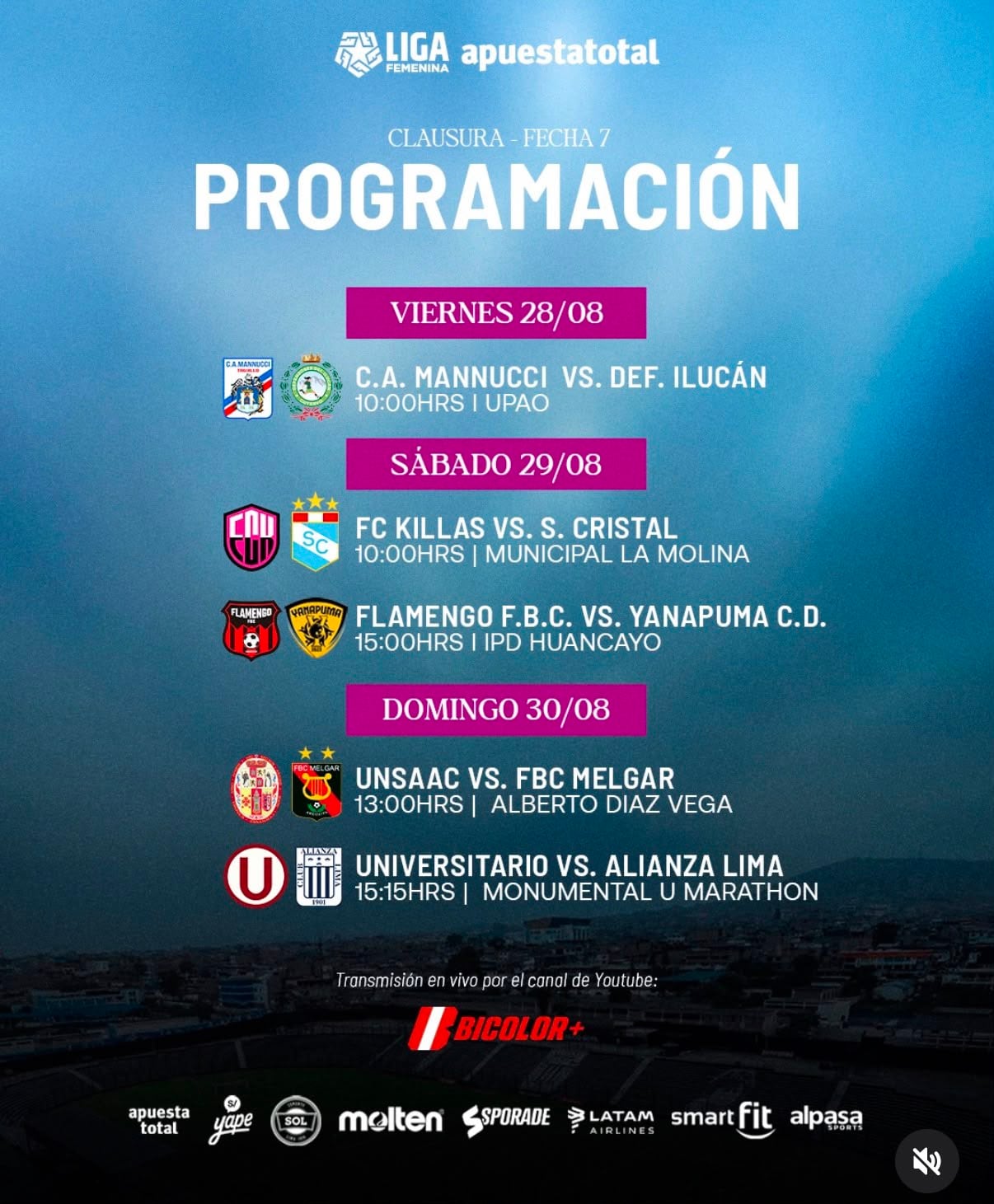 Programación de la fecha 7 del Torneo Clausura de la Liga Femenina 2026.