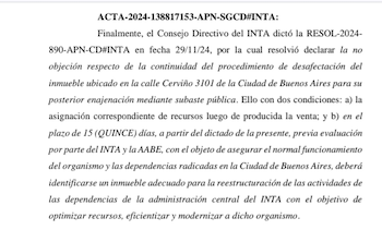 Acta del Consejo Directivo del INTA donde quedó plasmada las condiciones para la aprobación de la venta