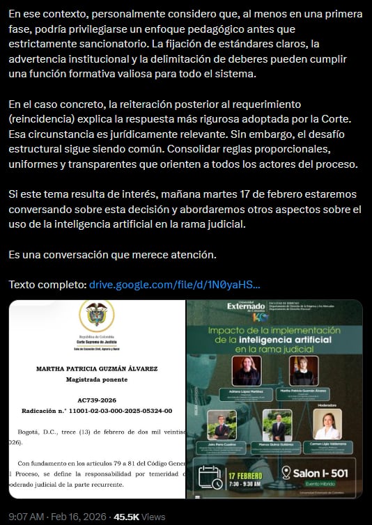 La Corte Suprema sanciona por primera vez a un abogado por uso indebido de inteligencia artificial en proceso judicial - crédito @jairoparrac