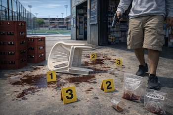 Silla de plástico volcada, manchas de líquido, vasos descartables, conos numerados, cajas de cerveza, bolsas de evidencia y un hombre con pistola.