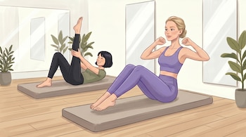 Dos mujeres en ropa deportiva ejercitan sobre colchonetas. Una estira la pierna hacia arriba y la otra realiza un abdominal. Hay plantas y espejos.