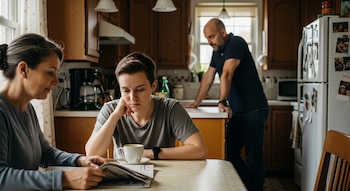 Una mujer y una persona joven sentadas a una mesa de cocina. Un hombre está de pie al fondo. Una taza de café y un periódico sobre la mesa. Refrigerador con fotos.