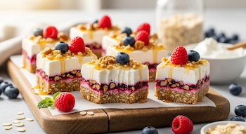 Barritas de yogur griego proteicas con capas de granola y frutos rojos, cubiertas con arándanos, frambuesas y miel, sobre una tabla de madera.