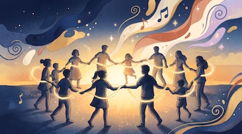 Ilustración de varias personas que forman un círculo y sostienen una cinta de luz, con notas musicales y trazos de colores en el fondo.