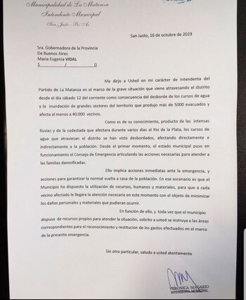La carta que envió Magario